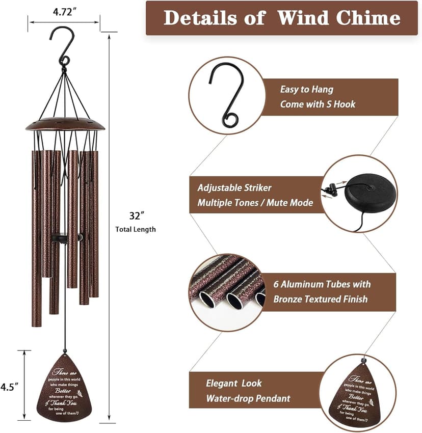 Thank You Gifts for Women Men, 32" Wind Chimes Thank You Gifts, Appreciation Gifts for Employee Coworkers Colleague Teachers Nurses, Thanksgiving Day Gifts for Family Friends