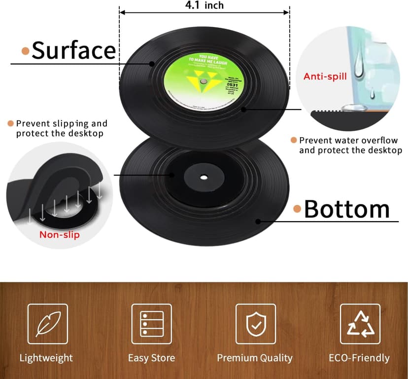 Funny Retro Record Coasters for Drinks with Vinyl Player Holder for Music Lovers,Set of 6 Conversation Piece Sayings Drink Coaster,Housewarming Hostess Wedding Registry Gift Ideas