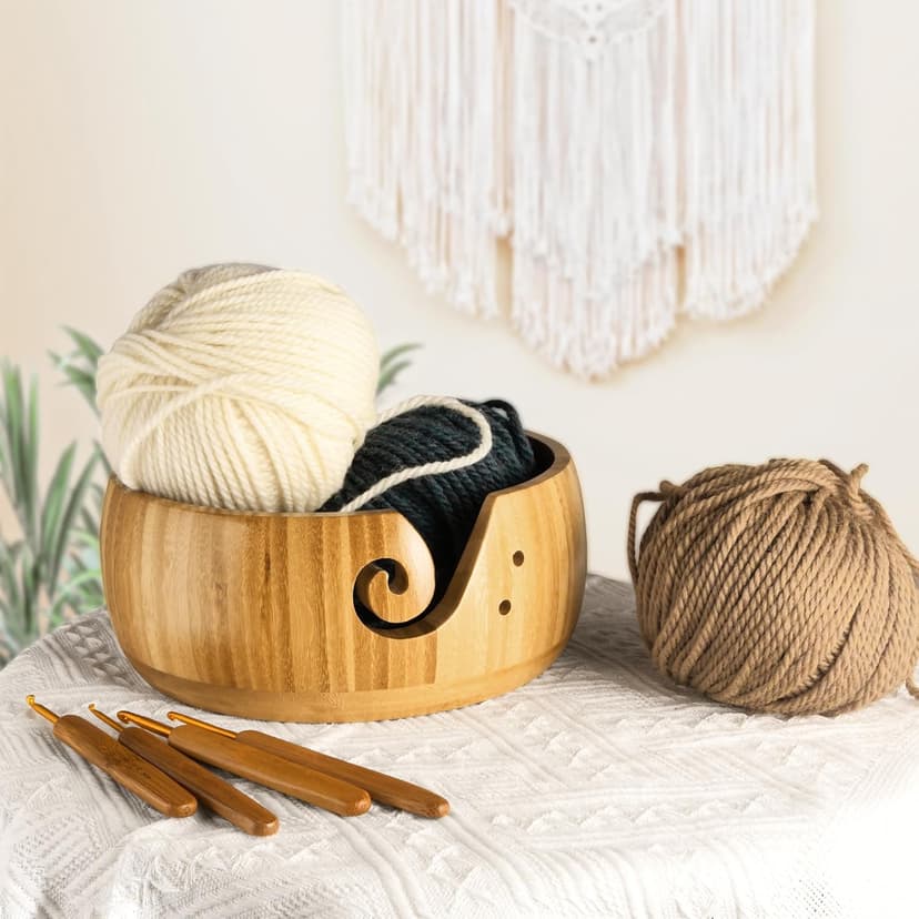 Wooden Yarn Bowl Holder, Craft Knitting Bowl with 8pcs Metal Crochet Hooks, 7.9''Large Yarn Holder Dispenser Yarn Storage Bowls, for Knitters & Crocheters (Bamboo 7.9 inch)