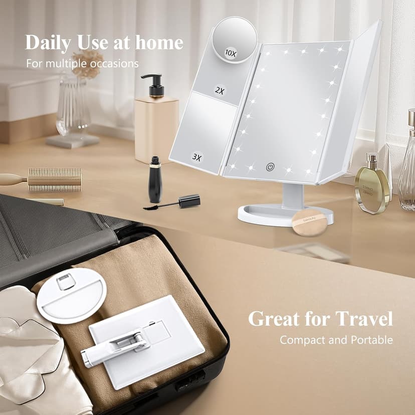 HUONUL Makeup Mirror Vanity Mirror with Lights, 2X, 3X, 10X Magnification, Touch Control, Trifold, White, 9.4" L x 13.4" W, Modern Style, Dresser Mount, Bathroom