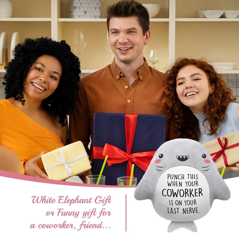 Novelty Cute Plush Shark Pillow- Funny Coworker Leaving/Birthday Gifts Offices, Gag Gift for Friend Sister Brothers Boyfriend Girlfriend Husband Wife, Stress Relief, White Elephant Gifts