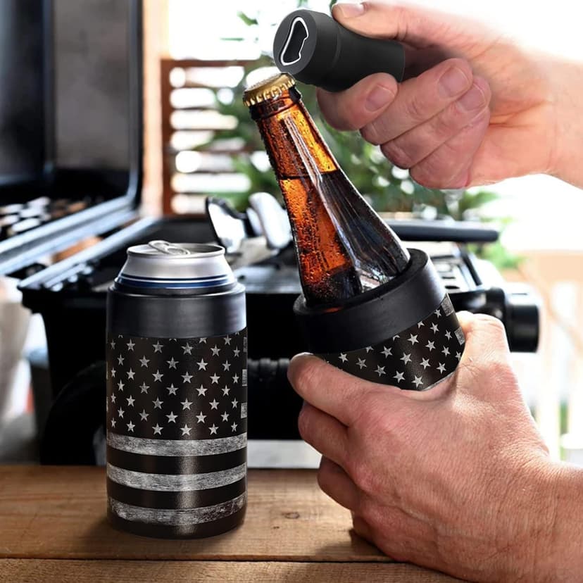 Stepstall Can Cooler Beer Bottle Holder with Beer Opener, 4-in-1 Design Slim Can Beer Bottle Insulators, Double Walled Stainless Steel Insulated, 12 OZ Beer Gifts for Men Father(Black American Flag)