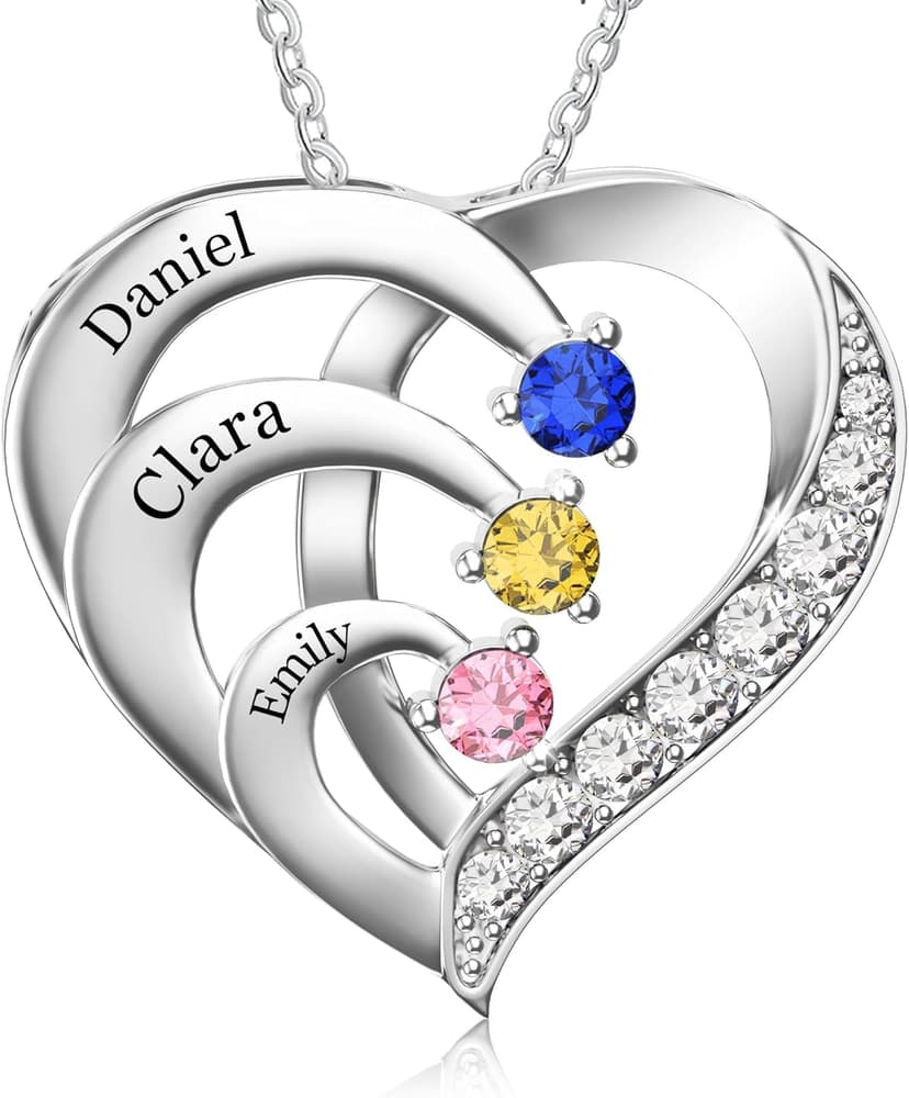 Easycosy Custom Name Necklace with Simulated Birthstones Customized Promise Necklace Heart Pendant with Engraved Names - Anniversary Birthday Jewelry Gifts for Women Wife Mom Grandma Mothers Day