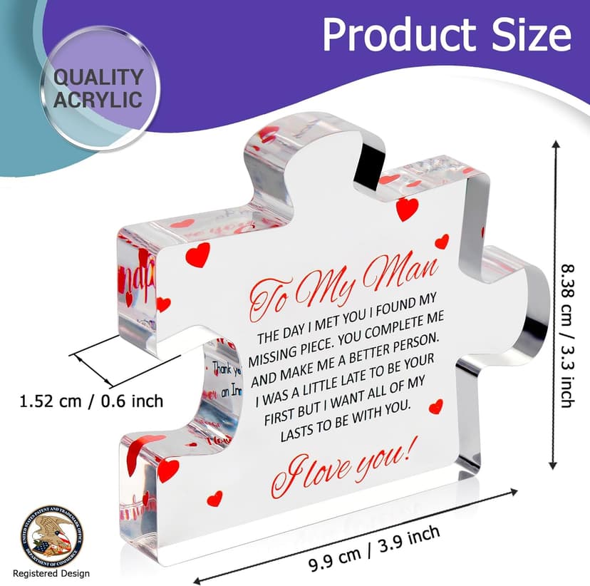 to My Man - Engraved Acrylic Block Puzzle 4.1 x 3.5 inch Gifts for Him for Husband - Fiance Birthday Gifts, Valentines Day Gift for Boyfriend - Cool Wedding Couple