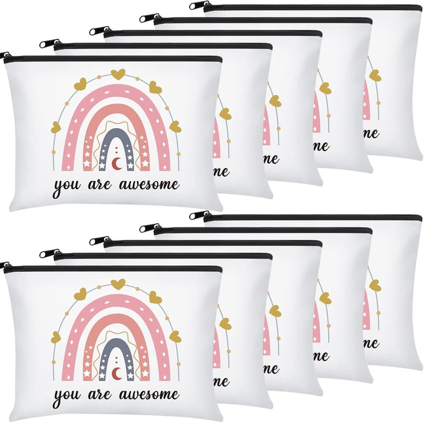 Chunful 10 Pieces Inspirational Canvas Makeup Bags for Women Graduation Gift Rainbow Canvas Cosmetic Bags Bulk with Zipper Friendship Gift Travel Toiletry Pouch(Moon Style)