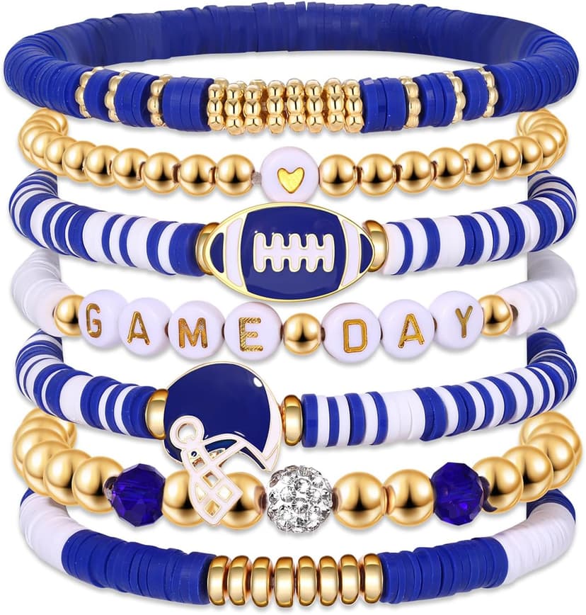 Game Day Bracelets for Women - Red, Black, Blue Heishi Clay Beaded Stretch Bracelets - Stackable Sports Charm Bracelet Bangles - Football Mom Accessories & Outfits Jewelry Gifts