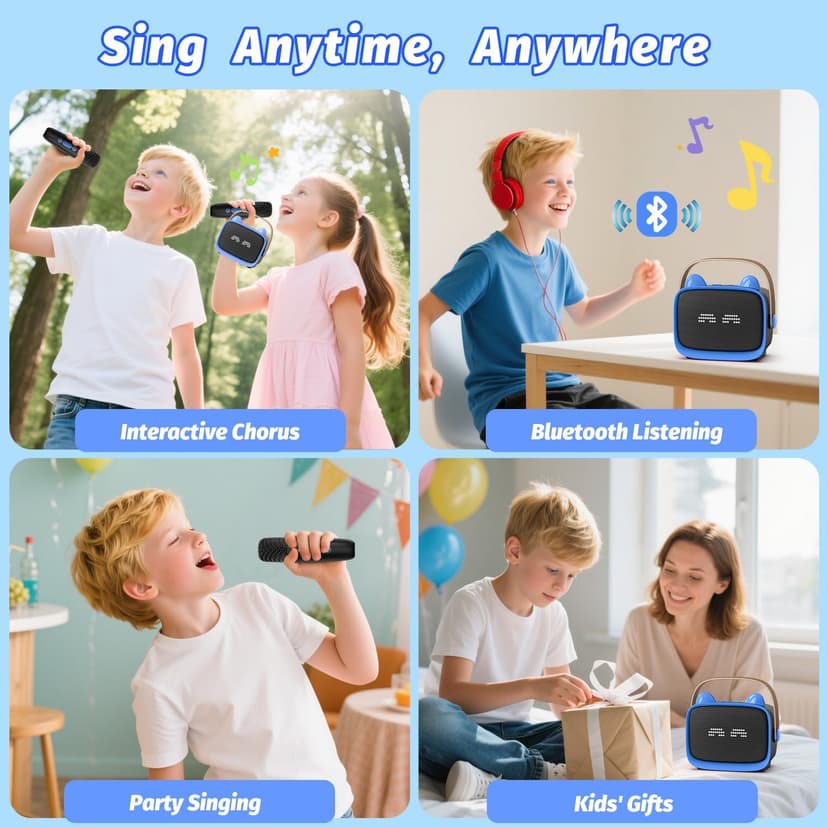 Mini Karaoke Machine Toys Gifts,Kids Portable MP3 Player with 2 Wireless Microphone and LED,Christmas Birthday Gifts for Girls Boys 3 4 5 6 7 8+ Year Old (Blue)