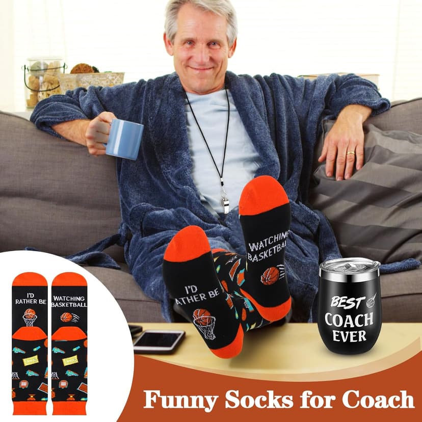 Nitial 6 Pcs Basketball Coach Gifts Teacher Appreciation Gift Set for Basketball Instructor Include Best Coach Ever Tumble Whistle with Lanyard Acrylic Sign Socks Keychain Card