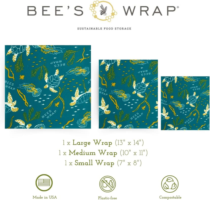Bee's Wrap Beeswax Wraps for Food - Made in USA Reusable & Organic Food Wraps, Sandwich Wrap & Bowl Covers - Eco-Friendly Alternative to Aluminum Foil & Plastic Wrap, Ocean 3 Pack (S, M, L)