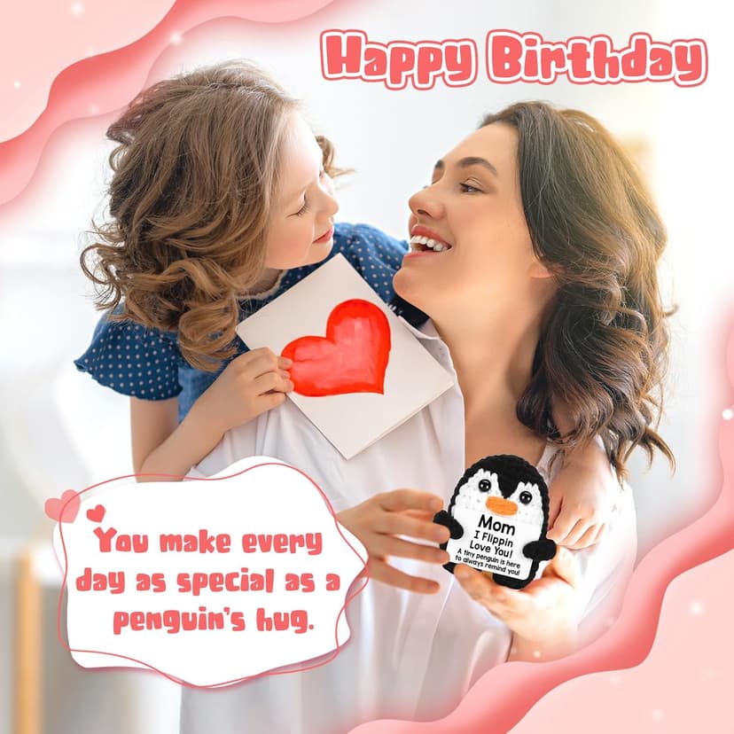 Birthday Gifts for Mom from Daughter Son, Handmade Crochet Mini Penguin Mom Gifts for Birthday Christmas Mama Mother in Law Bonus Step Mothers, Funny I Love You Mum Present Emotional Cute Decor