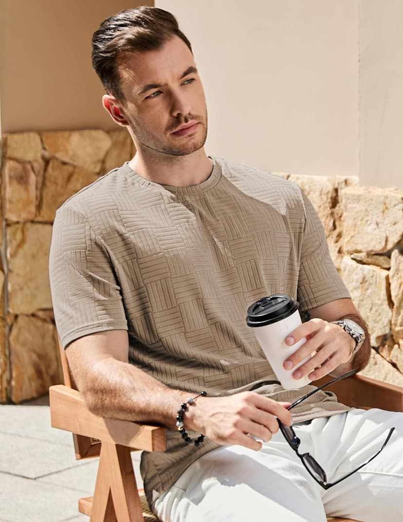 JMIERR Mens T-Shirt Casual Stretch Solid Crewneck Short Sleeve Tees Textured Shirts