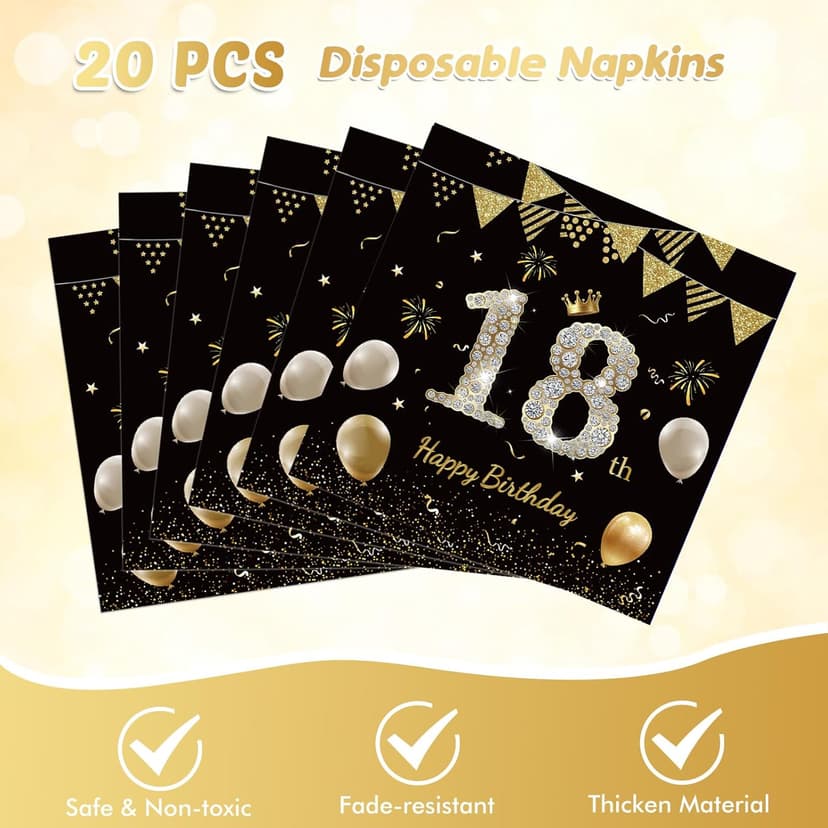 41Pcs 18th Birthday Decorations for Boy Girls, Black Gold 18 Year Old Happy Birthday Girl Decorations include Plates Napkins Tablecloth for Official Teenager 18th Birth Party