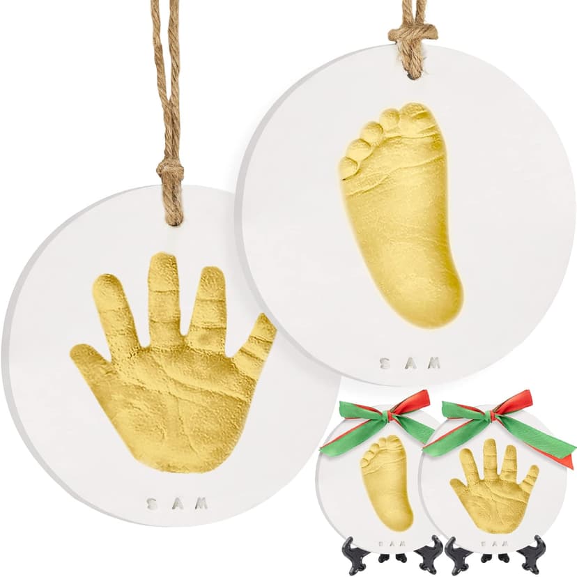 Baby Hand and Footprint Kit Girls, Boys - Personalized Baby’s First Christmas Ornament Kit, Newborn Christmas Gifts for New Mom, Cute Shower Gifts, Easy to Use Handprint Ornaments(Gold Paint, Cherish)
