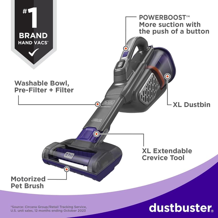 BLACK+DECKER dust buster Handheld Vacuum Cordless, Pet Hair Vacuum, Portable for Home and Car with Pet Brush, Rechargeable, Powerful Suction, Washable Bowl Filter,furbuster AdvancedClean (HHVK515JP07)