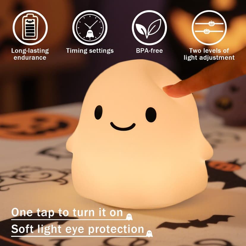Ghost Night Light for Kids, Squishy Silicone Lamp - 50H Low/12H High, 2 Brightness, Tap-Control, USB Rechargeable, for Kids Halloween Decor & Nursery, Great Ghost Gifts