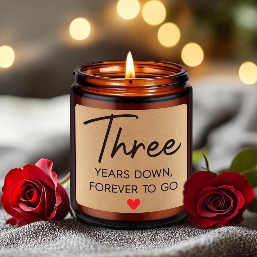 Fairy's Gift 3 Year Anniversary Candle Gifts for Him Her Wife Boyfriend GF Husband - Leather 3rd Anniversary Couple Gifts Ideas - 3rd Year Wedding Anniv. Presents for Couples, Happy Third Anniv.