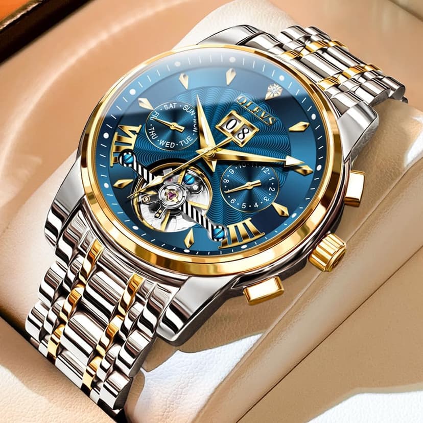 OLEVS Men Automatic Watch Stainless Steel Skeleton Mechanical Date Calendar Luxury Classic Business Waterproof Luminous Wrist Watches