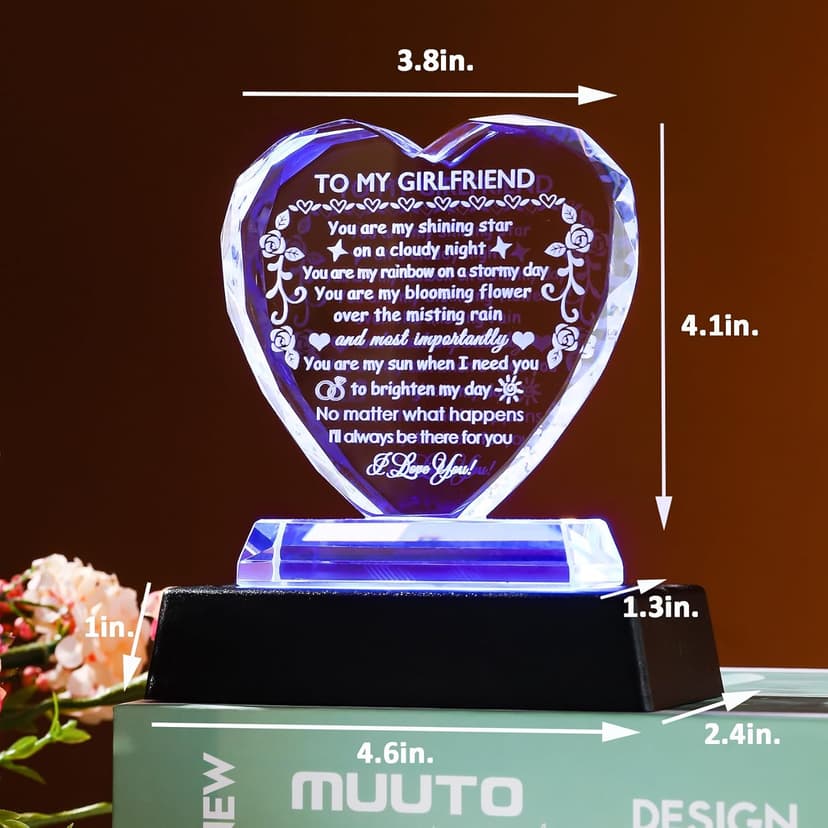 YWHL Romantic Girlfriend Gifts from Boyfriend, To My Girlfriend Crystal Heart Shaped Keepsake with Colorful Light Base, Girlfriend Birthday Gift, Gifts for Girlfriend on Anniversary Valentine