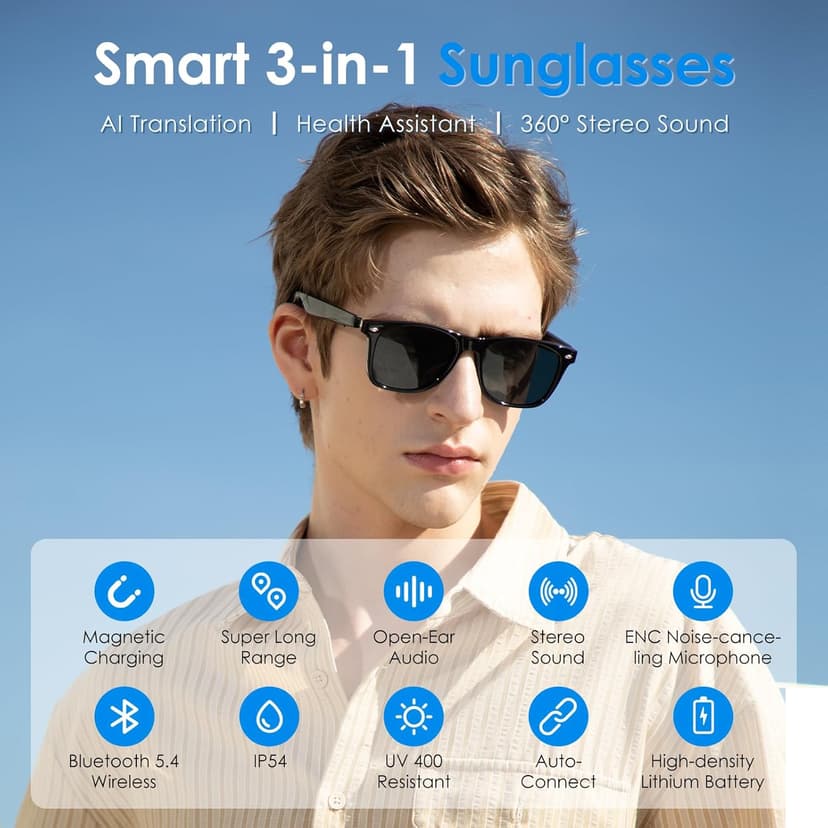 AI Glasses for Men & Women, Smart Glasses Powered by ChatGPT, AI Real-time Translation with 145 languages, 11H Music Play, Bluetooth Sunglasses with Polarized Lens, UV Protection for Daily Use, Travel