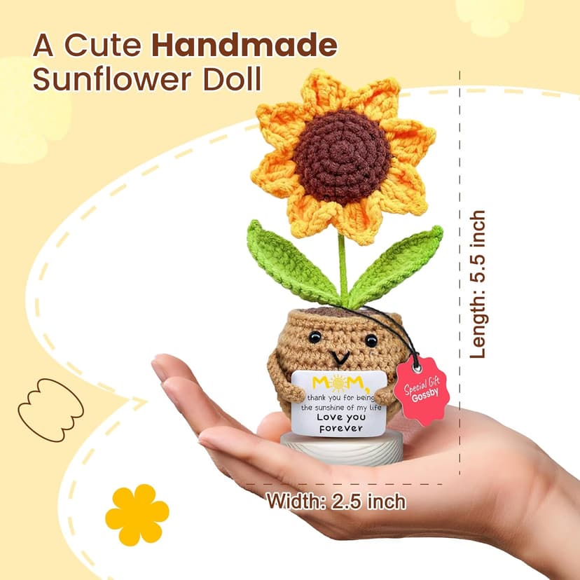 Gossby Gift for Mom - Positive Sunflower Doll Crochet with Card - Love You Forever - Mom Gift from Daughter, Son, Kid - Mothers Day, Christmas, Birthday Present Idea - Knitted Decor