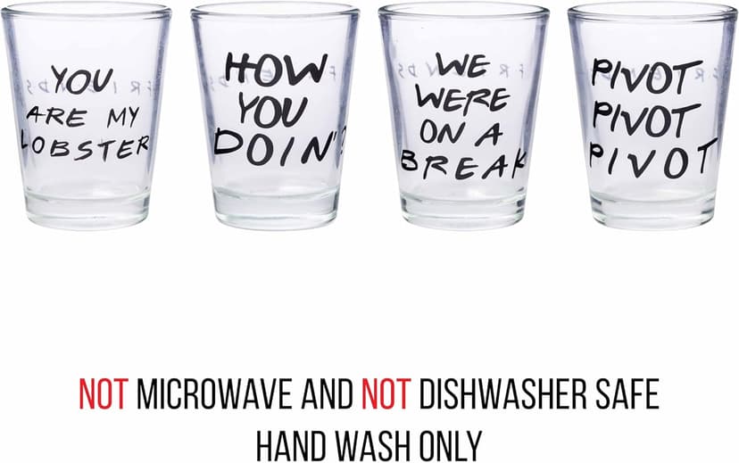 Silver Buffalo Friends Iconic Quotes "You're My Lobster," "How You Doin'" "Pivot," and "We Were On A Break!" 4 Pack Mini Glasses, 1.5 Ounces