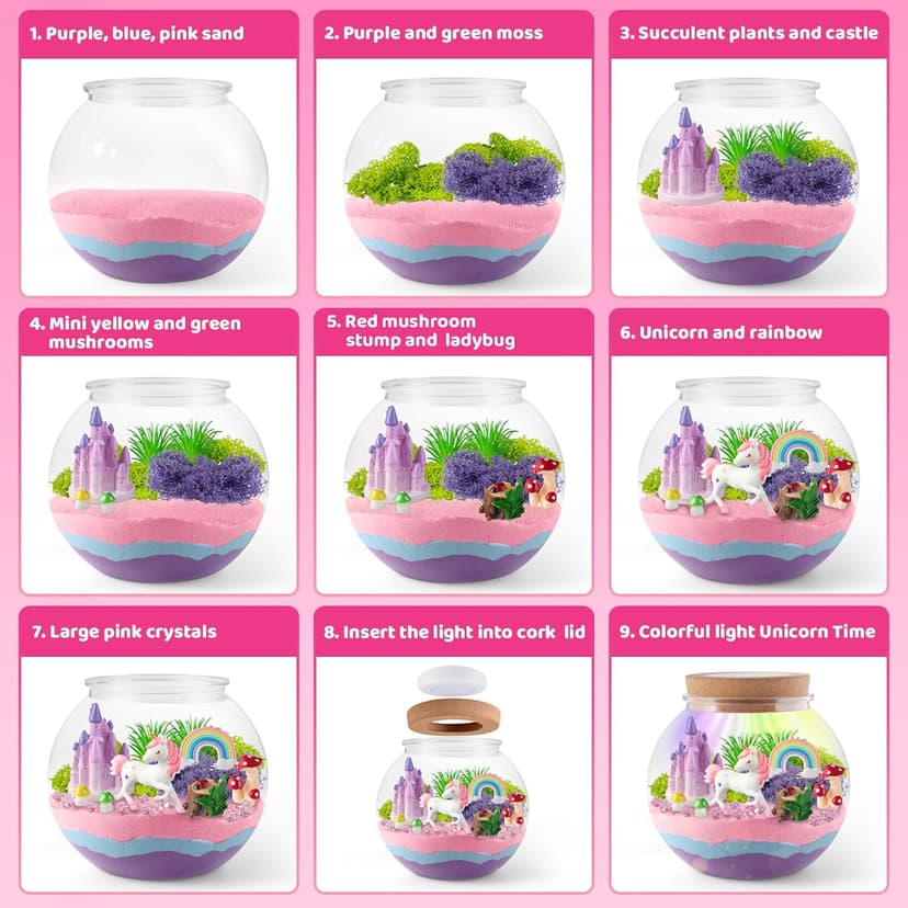 Unicorn Light-Up Terrarium Kit for Kids - LED Night Light Birthday Gift for Girls Ages 4 5 6 7 8-12 Year Old - Unicorn Toys for Girls - DIY Arts and Crafts Kit for Kids