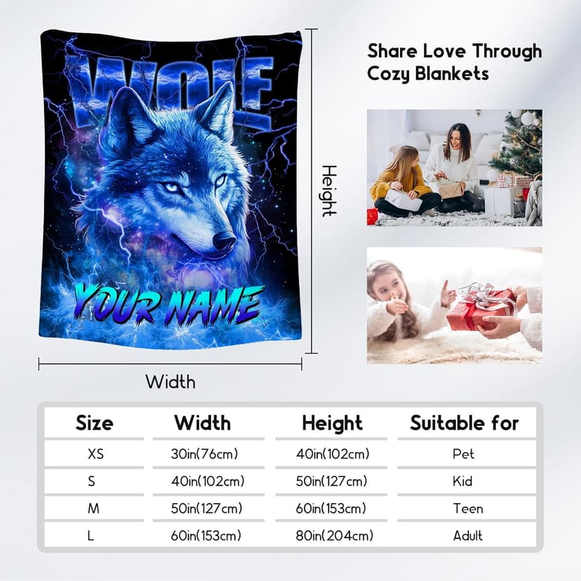 Boys Blanket Personalized Wolf Blankets Gifts for Kids, Warm Flannel Custom Throw for Boys (4 Sizes)