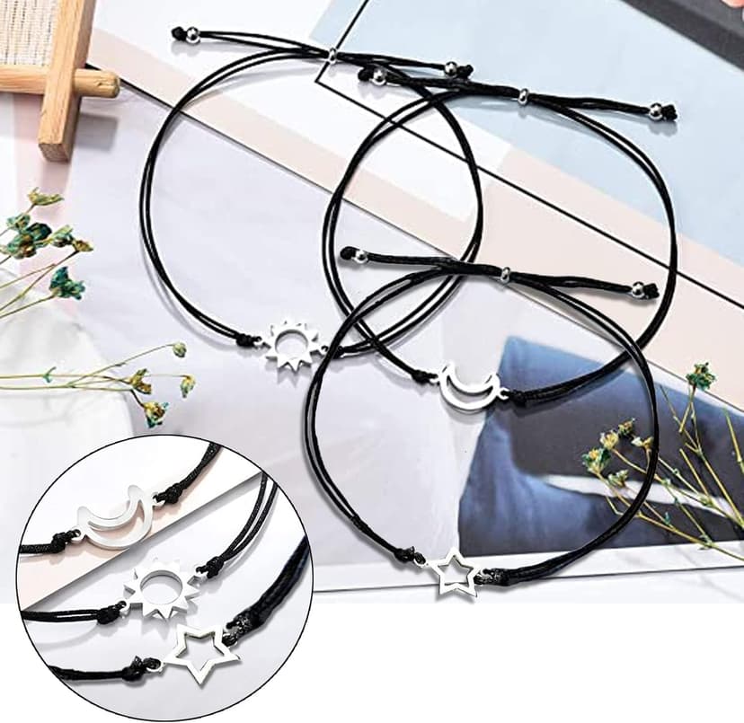 GUMOTCY 3 PCS Friendship Bracelets for 3 Best Friend Couples with Moon Sun Star Adjustable Handmade Cord Relationship Bracelets