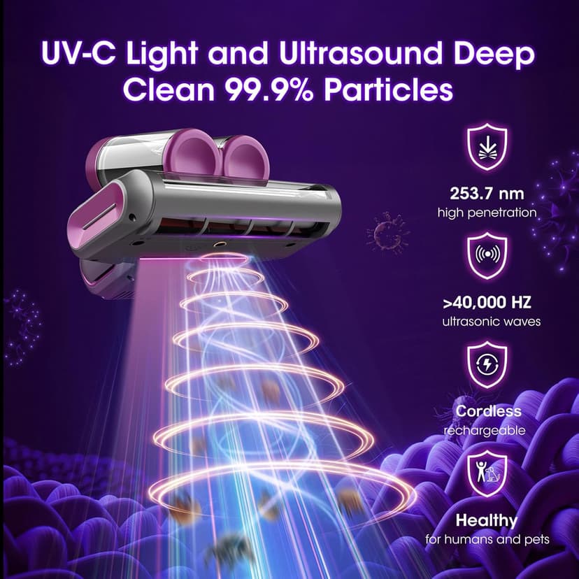 Bed Mattress Vacuum Cleaner Cordless 16Kpa Handheld Vacuum, Vacuum Cleaner with 253.7nm UV-C Light,HEPA Filter & Ultrasonic, Portable Vacuums for Sofa Bed Couch Crib Gifts for Women her Man