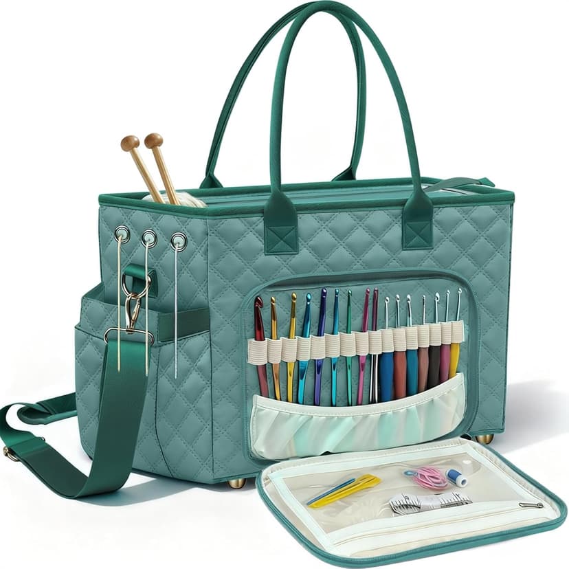 Crochet Bag Yarn Storage, Large Knitting Tote with Padded Crochet Hook Organizer, Tote with Multiple Compartments for Crochet Lovers, Knitting Accessories, Mother's Day Gift