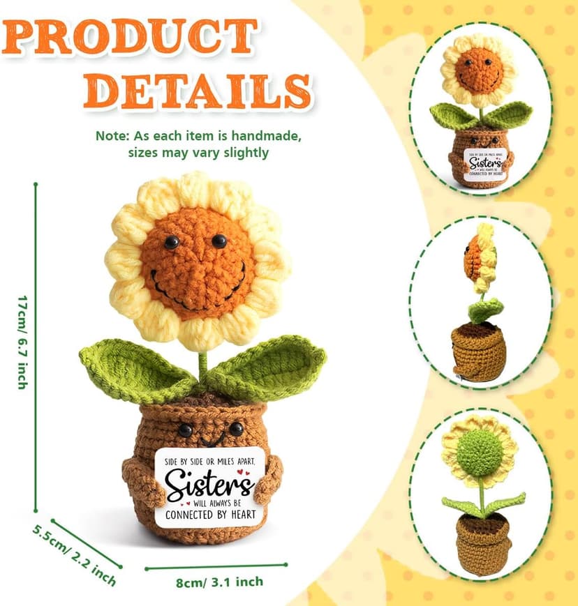 Sister Gifts from Sister - Positive Sunflower Crochet - Side by Side Or Miles Apart Sisters Emotional Sunflower Support Crochet - Birthday, Graduation, Long Distance Gifts for Women, Soul Sisters