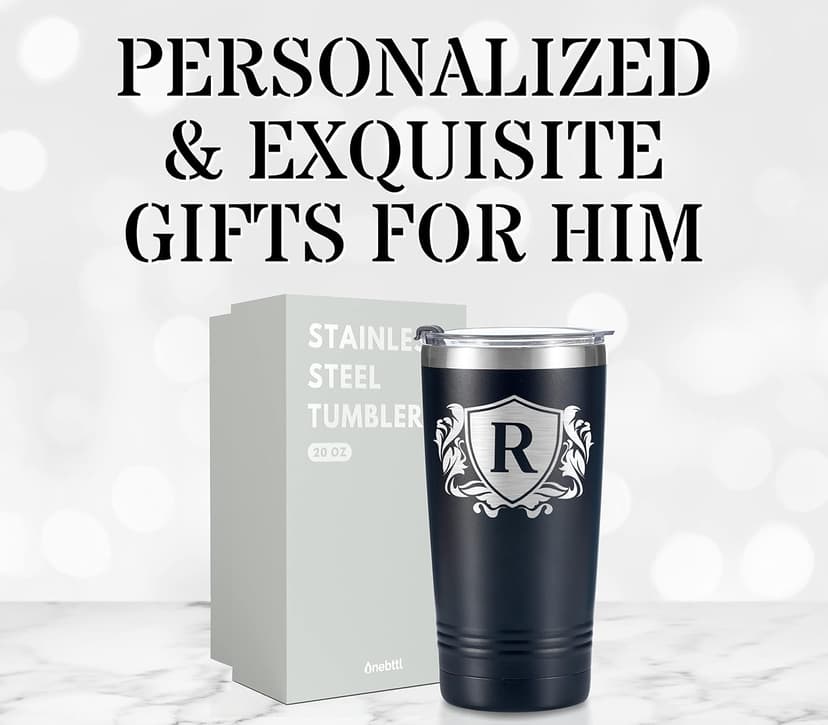Onebttl Onebttl Personalized Gifts for Men with Initials, Monogrammed Travel Tumbler for Him, Custom Coffee Cups, Unique Birthday Christmas Gifts for Men who Have Everything, Black, 20oz, J