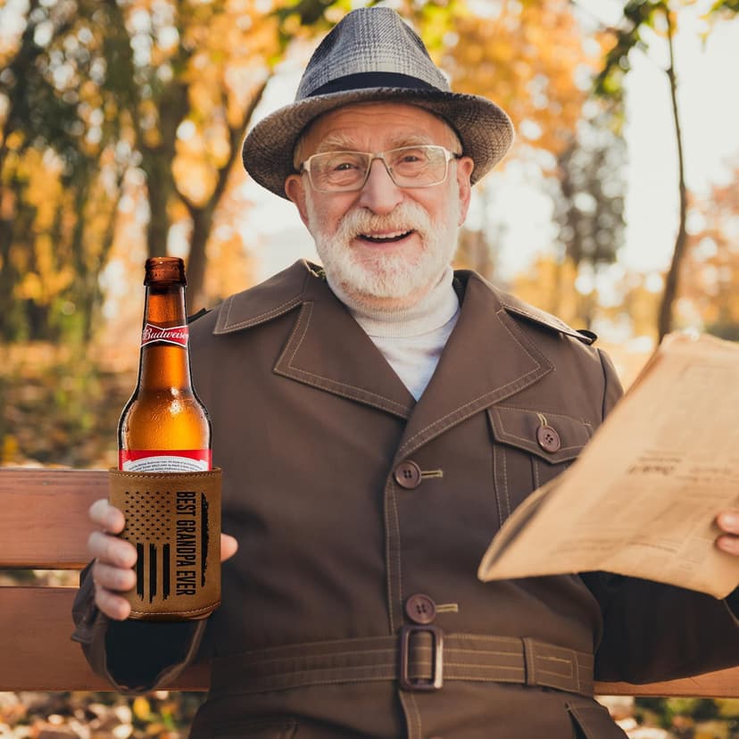 Best Grandpa Ever Gifts - Christmas, Birthday Gift For Grandpa From Granddaughter, Grandson, Kids - 12Oz Fit Collapsible Leather Beer Can Cooler Holder