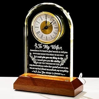 Glass Clock Gifts for Wife from Husband with Wooden Light Base, Personalized Gift for Wife Who Has Everything on Birthday Valentine's Day, Presents for Her on Christmas Home Desk Clock