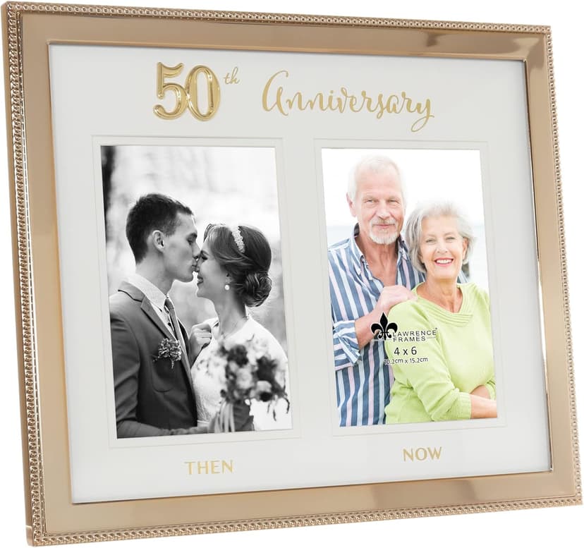 Lawrence Frames 4x6 Double Gold Beaded Metal 50th Anniversary Picture Frame, Then and Now
