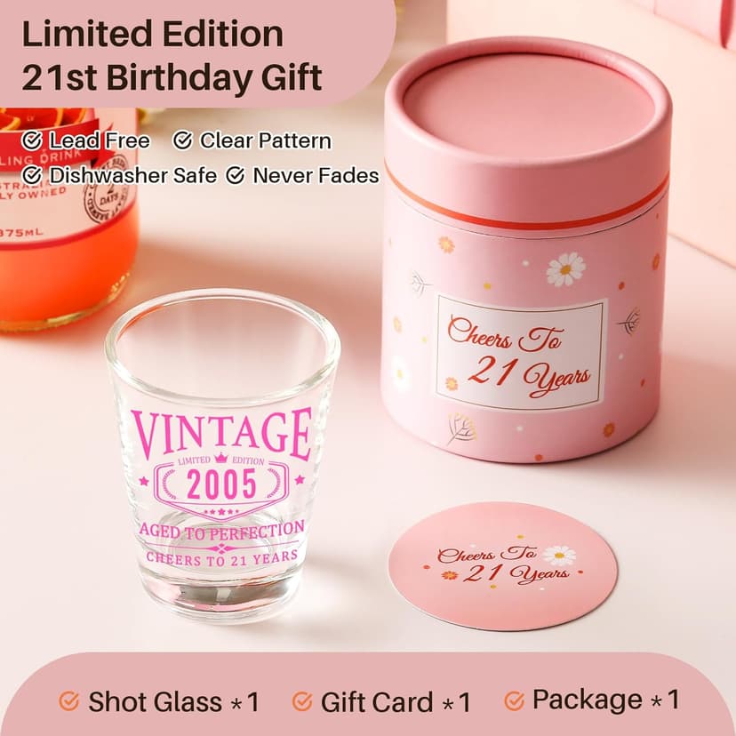 21st Birthday Gifts for Her - Limited Edition Shot Glass - Vintage 2004 Cheers To 21 Years, Finally 21 Party Decorations Supplies - Turning 21 Bday Present for Girl Women Sister Daughter Friends