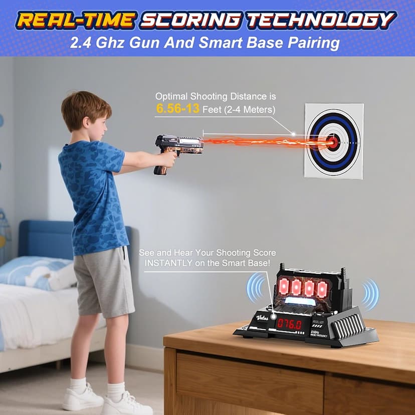 VATOS Smart Electronic Shooting Game Set with Auto-Scoring Target Base and Rechargeable Gun, Real-Time Voice Feedback, 4 Shooting Modes, Indoor Outdoor Toy for Teens Adults Family Party