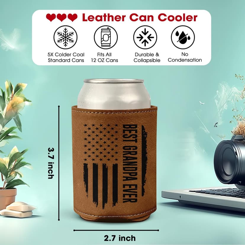 Best Grandpa Ever Gifts - Christmas, Birthday Gift For Grandpa From Granddaughter, Grandson, Kids - 12Oz Fit Collapsible Leather Beer Can Cooler Holder