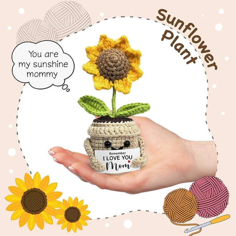 Mini Birthday Gifts for Mom, Mom Gifts from Daughters Remember I Love You MOM, Handmade Crochet Cute Small Sunflower Gifts, Gift for Mom from Daughter, Son, Mothers Day for Mom