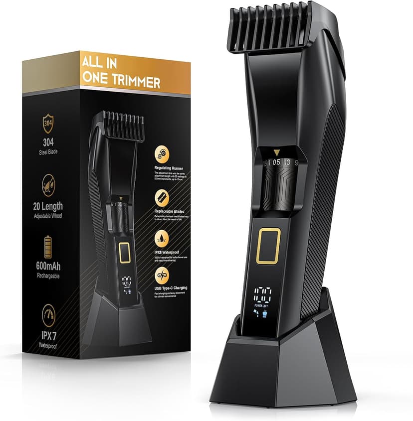 Men's Beard Trimmer-All-in-One Mustache Trimmer for Men with 20 Length Adjustable, Stainless Steel T-Blade for Precision Facial Hair Trimming Cordless IPX7 Waterproof Wet/Dry Clipper,LED Display