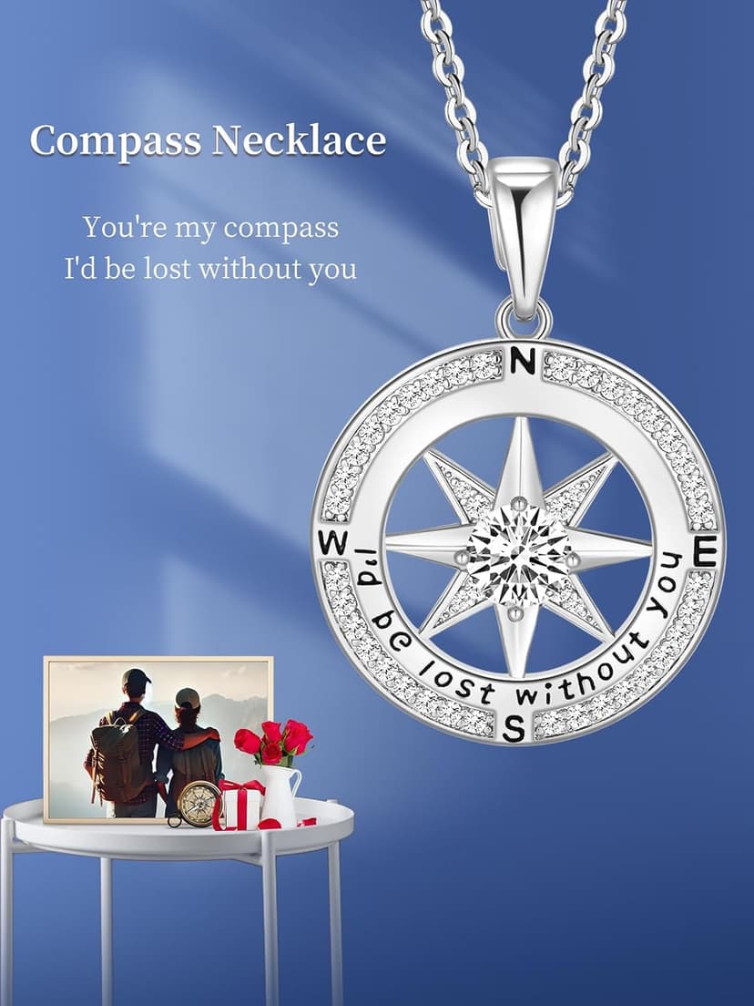 Mkhhy Compass Necklace for Women Jewelry For Her White Gold and Yellow Gold I'd Be Lost Without You(18k Real Gold Filled With S925)