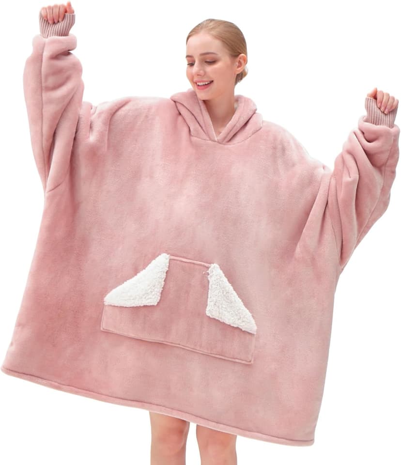 Touchat Wearable Blanket Hoodie, Oversized Sherpa Blanket Sweatshirt with Hood Pocket and Sleeves, Super Soft Warm Plush Hooded Blanket for Adult Women Men, One Size Fits All (Pink)