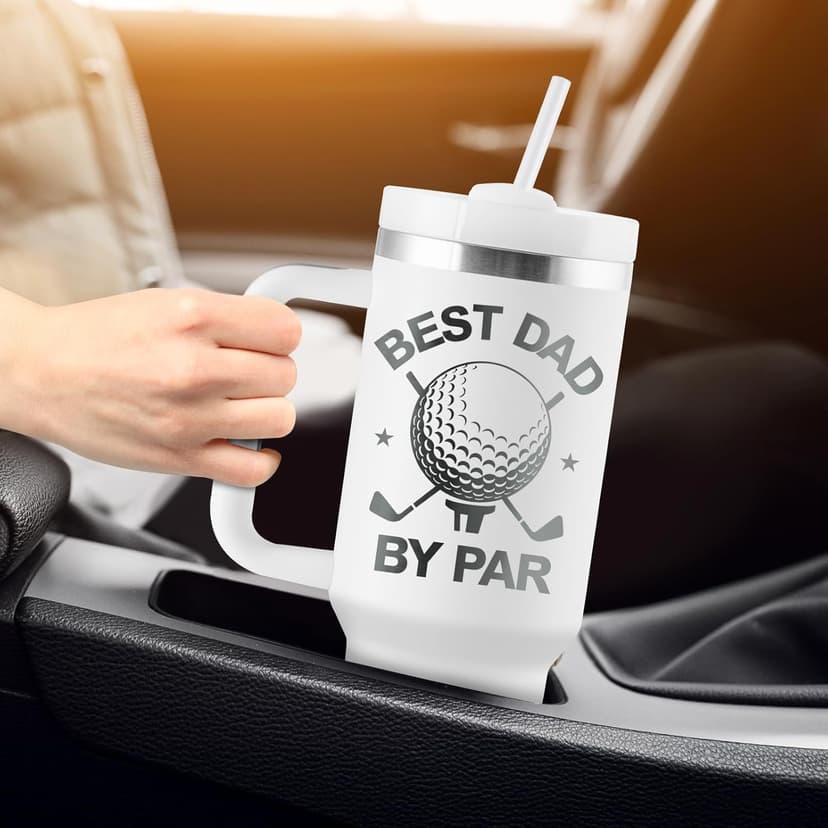 Golf Gifts for Dad - Fathers Day Golf Gifts for Men - Funny Golfer Gift Ideas for Him - Best Dad By Par - 40oz Travel Cup Insulated Tumbler with Handle & Straw