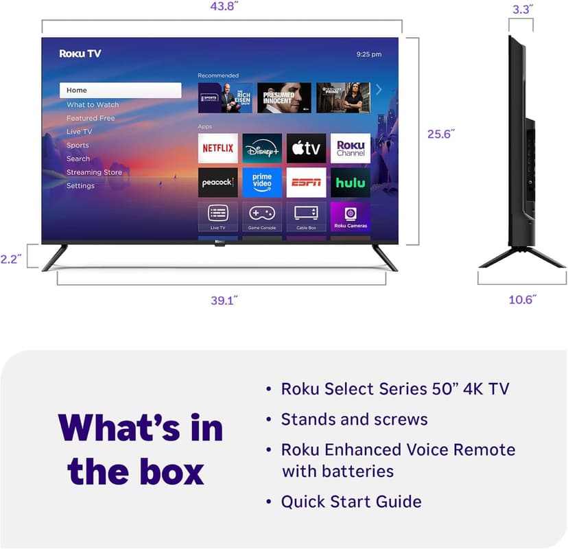 Roku Smart TV 2025 – 50-Inch Select Series, 4K HDR TV – RokuTV with Enhanced Voice Remote – Flat Screen LED Television with Wi-Fi for Streaming Live Local News, Sports, Family Entertainment