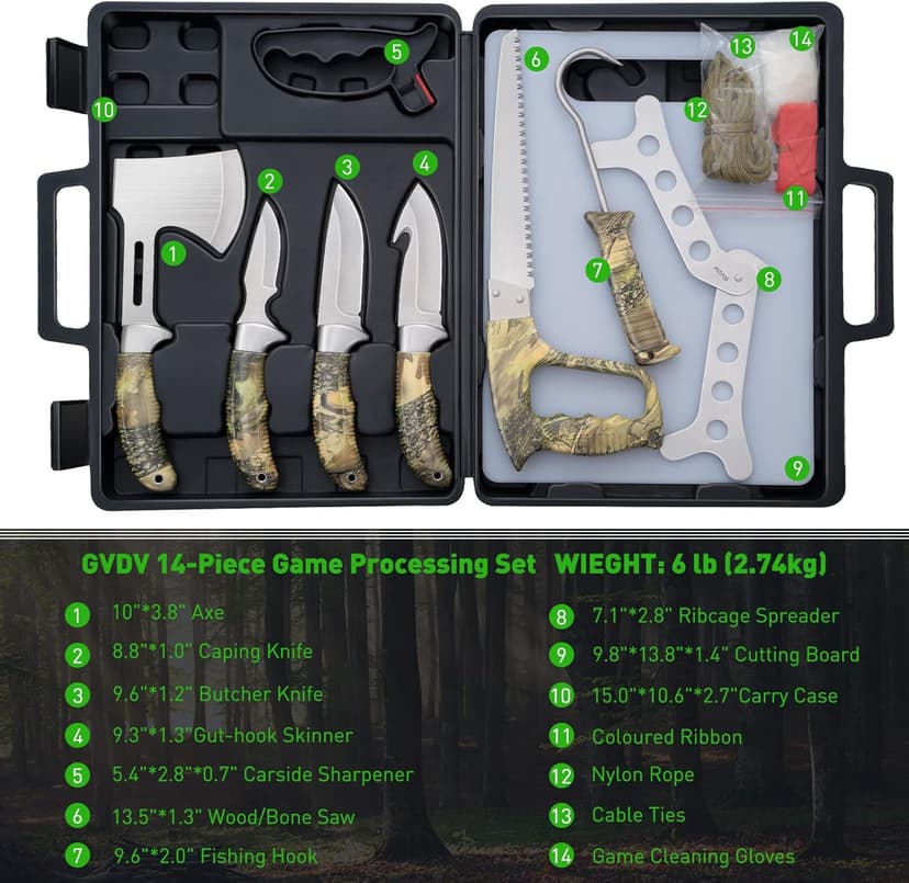 GVDV Hunting Knife Set - 14 Pieces, Portable Butcher Game Processing Kit for Men, Field Dressing Kit with Gut Hook Skinner Knife, Caping knife, Axe, Wood/Bone Saw, Spreader, Gloves, Gifts for Men
