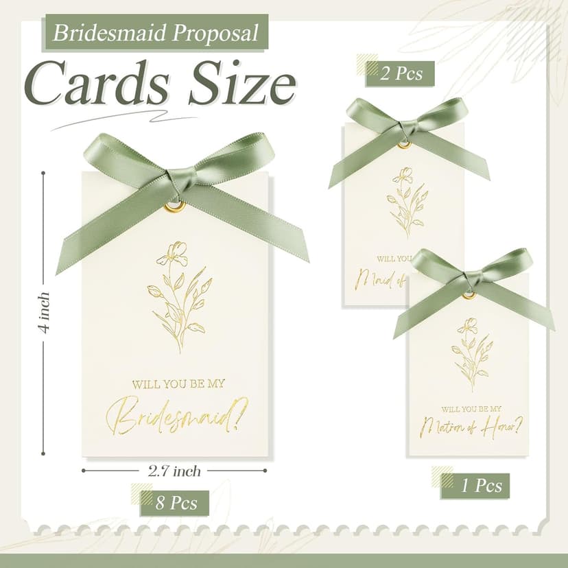 11 Pcs Bridesmaid Proposal Card with Ribbon Bow Floral Metallic Bridal Gift 8 Will You Be My Bridesmaid 2 Maid of Honor 1 Matron of Honor Invitation for Bridal Shower(White, Sage Green)