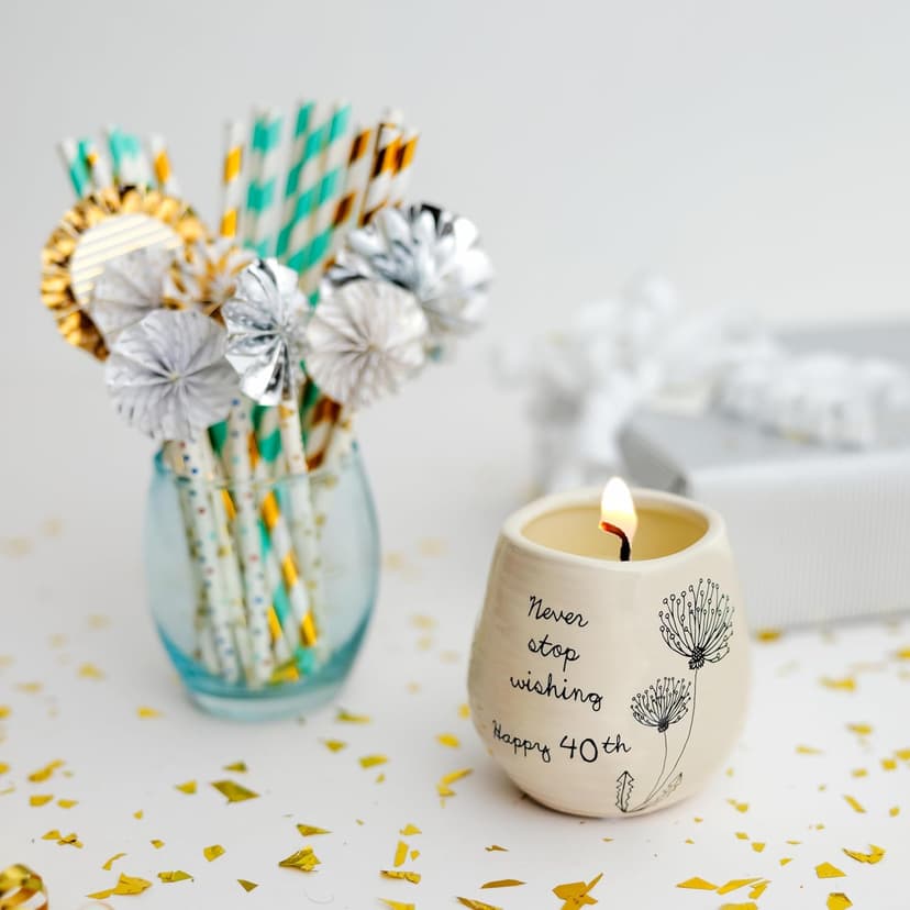 Pavilion Gift Company Never Stop Wishing Happy 40th Birthday - 8 oz Soy Wax Candle with Wick in A Yellow Ceramic Vessel 8 oz-100 Scent: Serenity, 3.5 Inch Tall