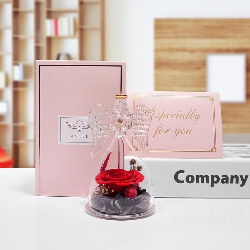 Miofula Preserved Flower Rose Birthday Gifts for Mom, Angel Figurines with Forever Real Rose Gifts for Her Mom Grandma, Unique Angels Gifts for Mothers Day Christmas Anniversary Birthday (Red)