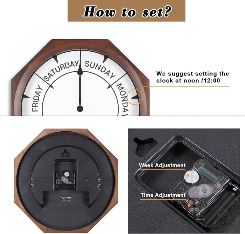 14 inch Wood Retirement Clock for Women Men, Day of The Week Wall Clock for Seniors, Funny Retirement Gifts for Father's Mother's Day Grandparents Birthday