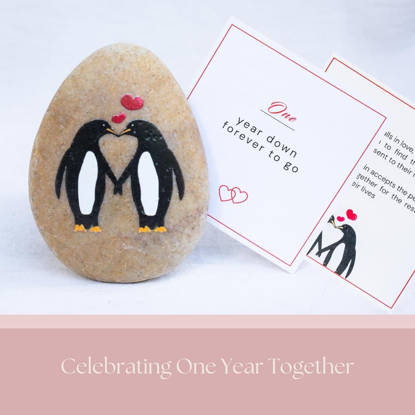 1 Year Anniversary for Boyfriend or Girlfriend - Penguin Pebble Gift- First Wedding Anniversary for Husband or Wife - One Year Together Keepsake